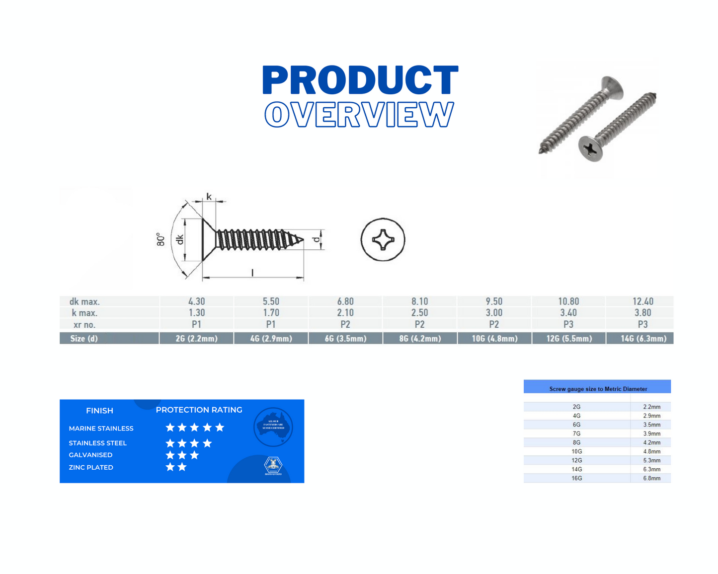 6G x 45mm Countersunk Phillips Self Tapping Screws Stainless Steel