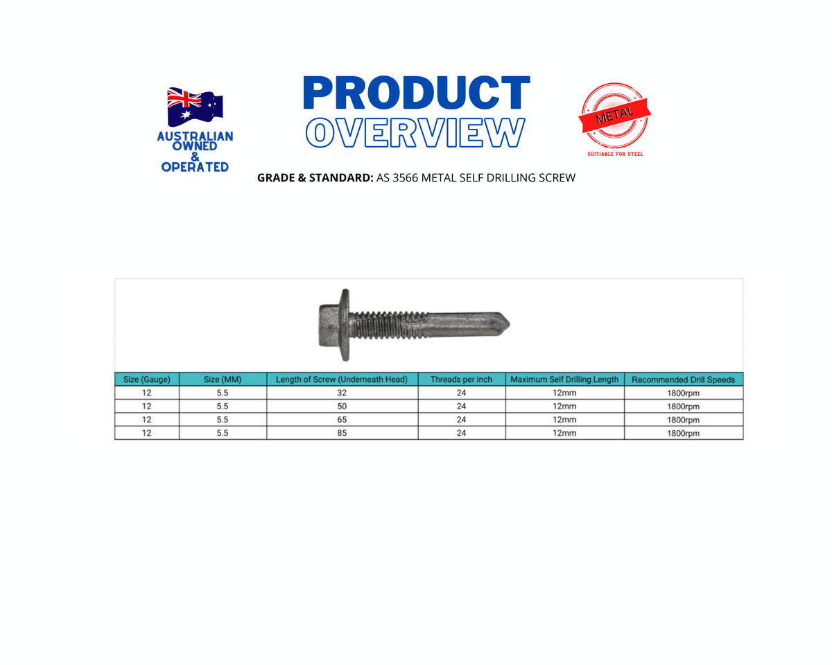 12g x 65mm Hex Head Washer Series 500 Extended Point Face Metal Self Drilling Screws Galvanised